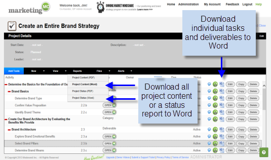Download Marketing Project Content and Status to Word